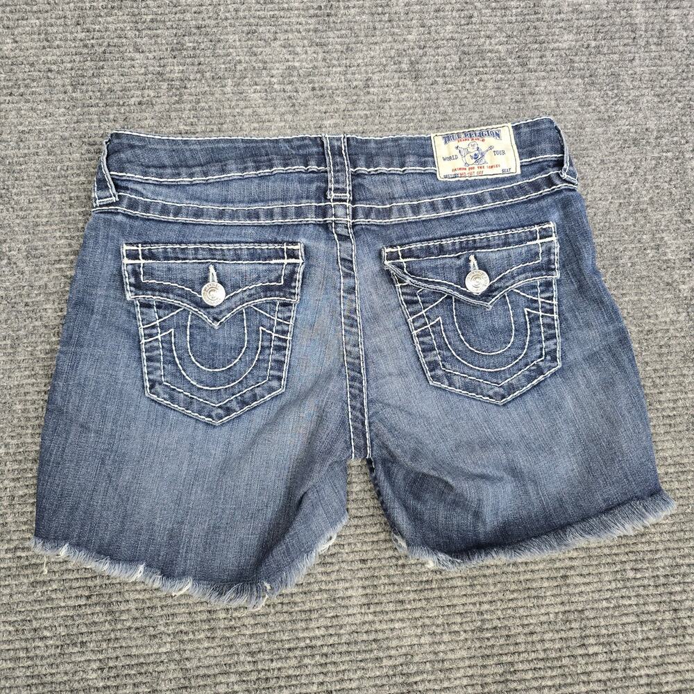 True Religion Mid Cut Off Womens 28 Denim Shorts Big T White Stitch Flap Pockets